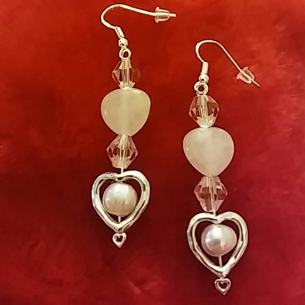 Pink Quartz Heart & Pearl Sterling S Earrings